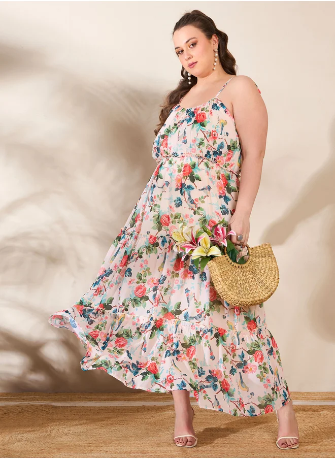ساسافراس Plus Size Floral Print Strappy Tired Maxi Dress