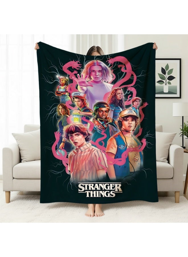 عام **بطانية نسيج قطيفة Stranger Things - مقاسات متعددة، ناعمة، بطانية فلانيل، بتصميم عتيق للمعجبين، للمنزل والتخييم**