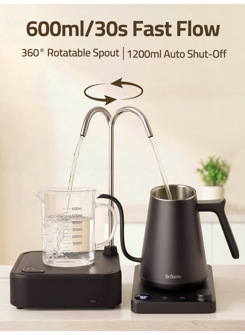 Brutelle Electric Water Dispenser Pump – 600ml/30s Fast Flow, 360° Rotatable Spout, 1200ml Auto Shut-Off, USB Rechargeable 1200mAh Battery, Food-Grade 304 Stainless Steel, Versatile for Pour-Over Coffee, Espresso, Ice Making & Drinking Water - Image 5
