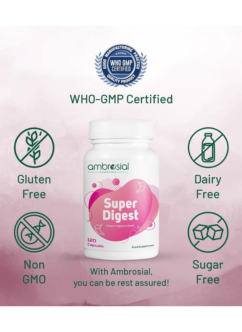 ambrosial Super Digest with Betaine hcl Pepsin, Ox-Bile, Pancreatin & L-Glutamic Acid Digestive Enzyme Supplements to Support Optimal Digestion & Gut Health (Pack of 1-120 Capsules)  - Image 3