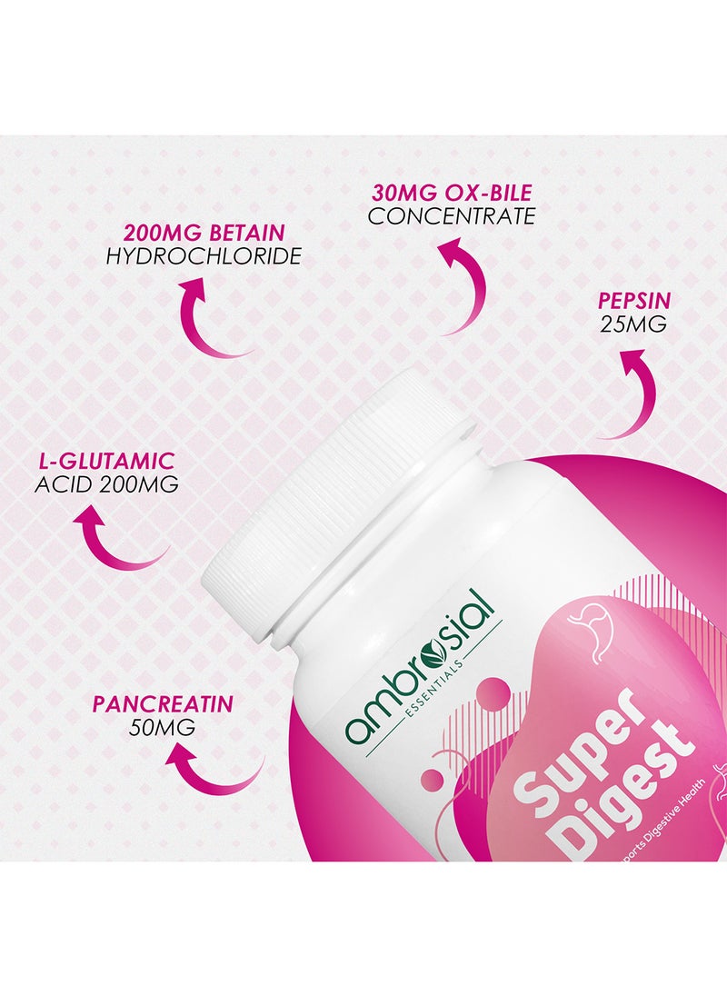 ambrosial Super Digest with Betaine hcl Pepsin, Ox-Bile, Pancreatin & L-Glutamic Acid Digestive Enzyme Supplements to Support Optimal Digestion & Gut Health (Pack of 1-120 Capsules)  - Image 5