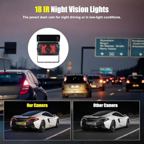 Camecho Truck Backup Camera Heavy Duty 18 LED IR Night Vision Waterproof Vehicle Rear View Camera 12 V 24V Backup Camera Without Guide Line (Rear Camera + 32.8 ft Cable) - Image 3