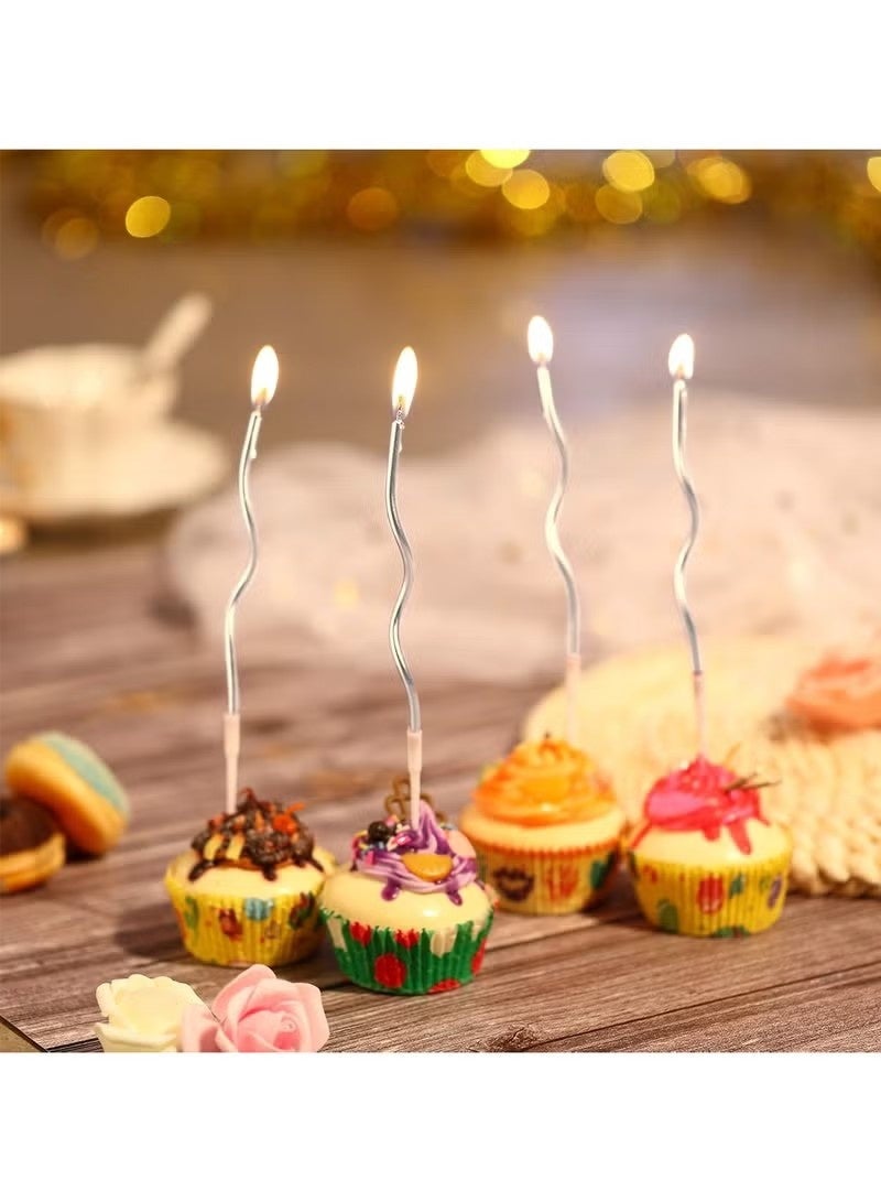 12 قطعة من شموع عيد الميلاد الملتوية، شموع معدنية حلزونية على شكل كب كيك، شموع طويلة رفيعة للكيك، مناسبة لأعياد الميلاد، حفلات الزفاف، الكريسماس، رمضان، اليوم الوطني، حفلات الذكرى السنوية (فضي) - Image 2