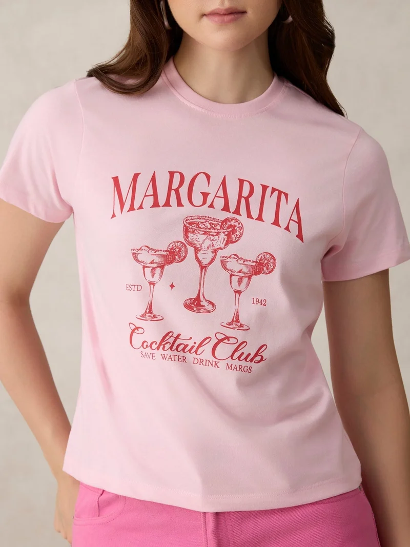Outzidr  Pink Crew Neck Graphic Tshirt for Women | Best Price UAE