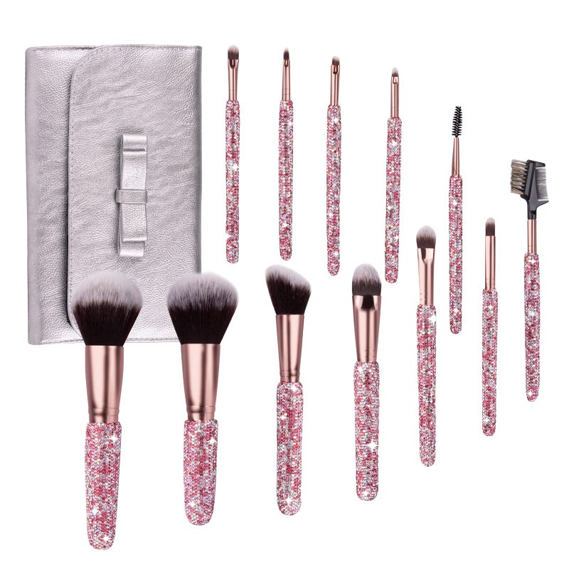 Makeup Brushes Bling Crystal Professional Face Cosmetics Blending Liquid Foundation Powder Concealer Eye Shadows Make Up Beauty Tool Glitter with Pouch Bag Kit Purely Handmade 12PCS Pink