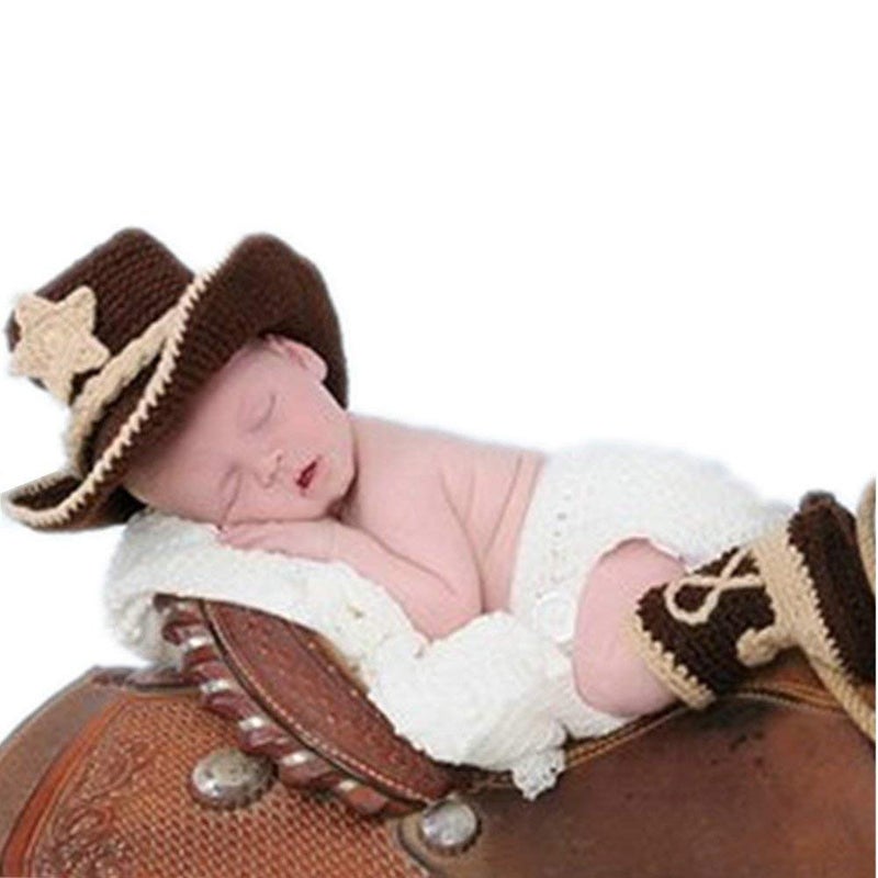 Vemonllas Newborn Photography Props Outfits Baby Boy Girl Cowboy Bonnet Hat, Shorts & Boots Crochet Knit Photo Props - Image 1
