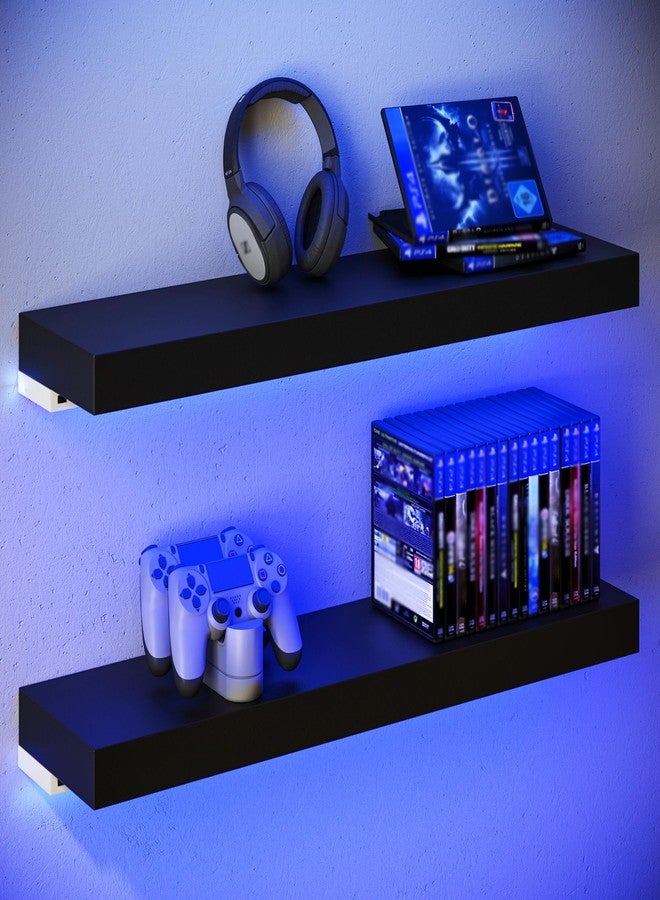 BAMEOS أرفف عائمة من باميوس مزودة بإضاءة LED للجدار، أرفف متينة بإضاءة RGB، أرفف عرض مثبتة على الحائط، طقم من قطعتين، رف معلق للحمام، غرفة النوم، المطبخ، غرفة المعيشة، أسود - Image 1