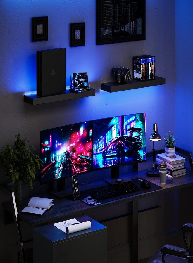 BAMEOS أرفف عائمة من باميوس مزودة بإضاءة LED للجدار، أرفف متينة بإضاءة RGB، أرفف عرض مثبتة على الحائط، طقم من قطعتين، رف معلق للحمام، غرفة النوم، المطبخ، غرفة المعيشة، أسود - Image 2