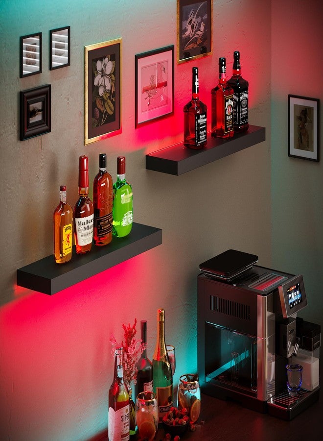 BAMEOS أرفف عائمة من باميوس مزودة بإضاءة LED للجدار، أرفف متينة بإضاءة RGB، أرفف عرض مثبتة على الحائط، طقم من قطعتين، رف معلق للحمام، غرفة النوم، المطبخ، غرفة المعيشة، أسود - Image 4