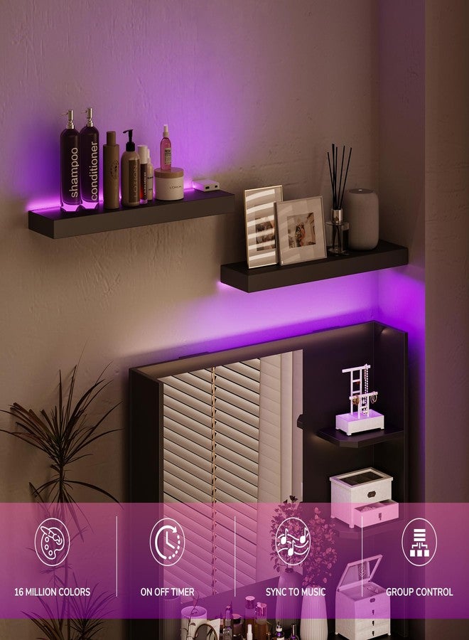 BAMEOS أرفف عائمة من باميوس مزودة بإضاءة LED للجدار، أرفف متينة بإضاءة RGB، أرفف عرض مثبتة على الحائط، طقم من قطعتين، رف معلق للحمام، غرفة النوم، المطبخ، غرفة المعيشة، أسود - Image 3