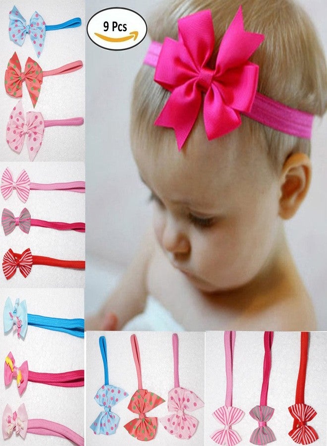 Fok Set Of 9 Bow Elastic Multi Color Head Bands For Babies (Random Design) - Image 1