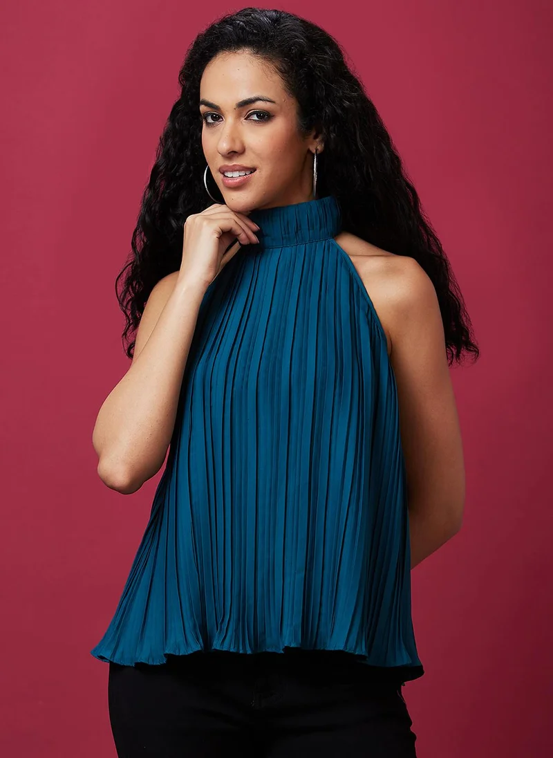 globus Globus Women Teal Green Accordion Pleats Regular Top