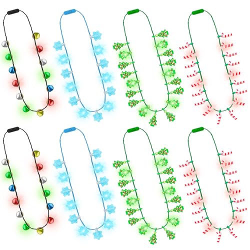 Traplace 8PCS Christmas Light Up Necklaces 3 Modes Xmas Bell Necklace with Bulbs Xmas Tree Candy Cane Vibrant Christmas Party Favors LED Xmas Accessories Ugly Sweater Party Favors Festive Decorative - Image 1