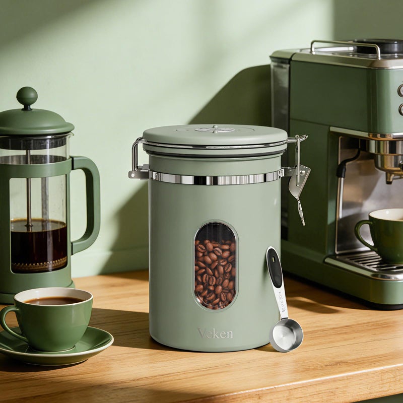Veken Coffee Canister with Window, Easter Gifts Airtight Stainless Steel Container with Lids, Home Kitchen Food Storage Jars for Grounds, Beans, Tea, Flour, Cereal, Sugar, Basket, Scoop, 22OZ, Green - Image 4