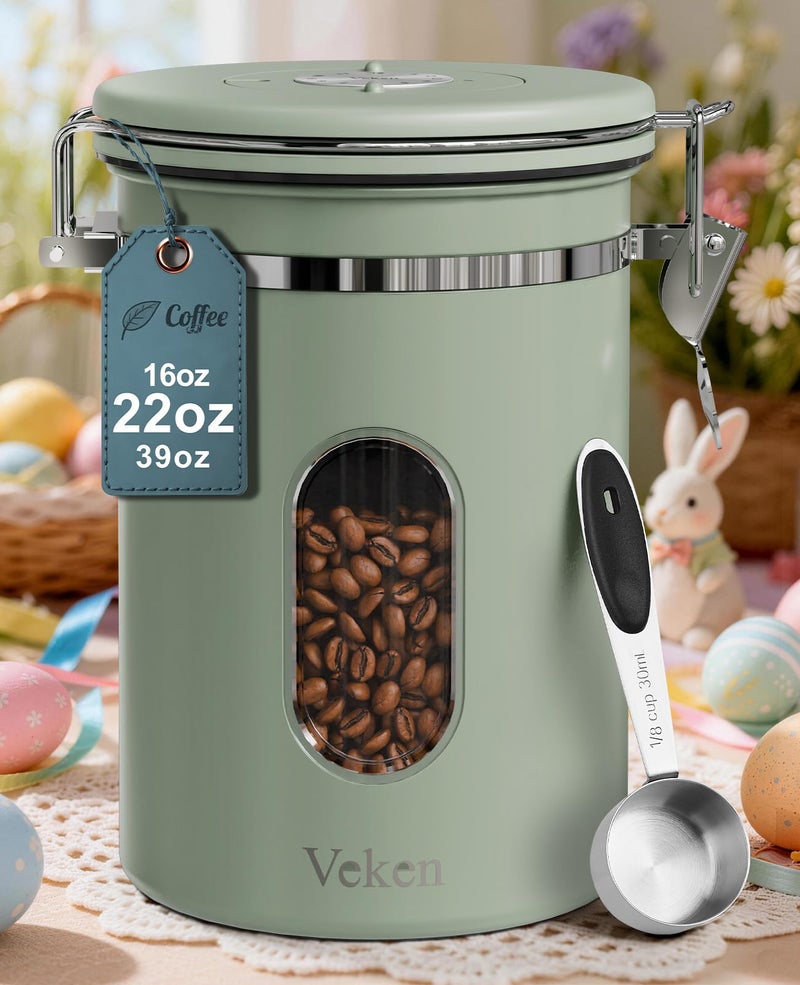 Veken Coffee Canister with Window, Easter Gifts Airtight Stainless Steel Container with Lids, Home Kitchen Food Storage Jars for Grounds, Beans, Tea, Flour, Cereal, Sugar, Basket, Scoop, 22OZ, Green - Image 1
