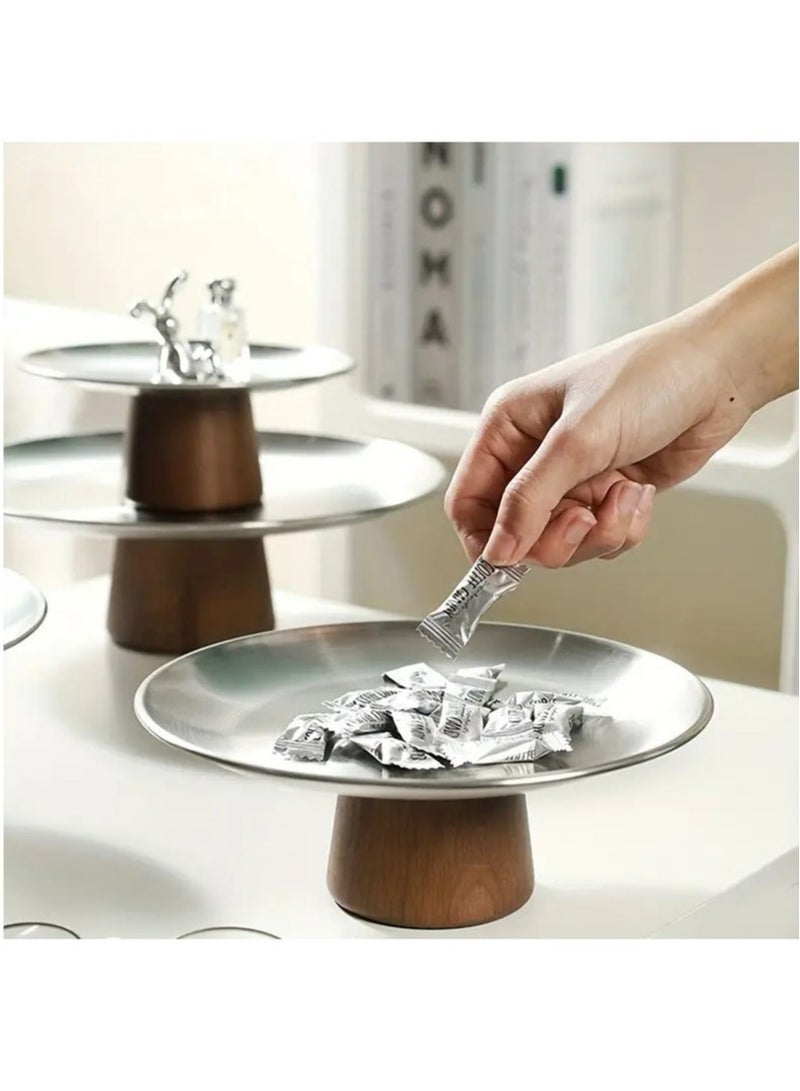 Arabest 1pc Stainless Steel Tall Fruit Tray with Wooden Base - Decorative Platters Stainless Steel Storage Organizer Tray for Perfume Jewelry/Cosmetic/Kitchen Tableware/Towel/Tea/Fruit (Sliver)  - Image 2