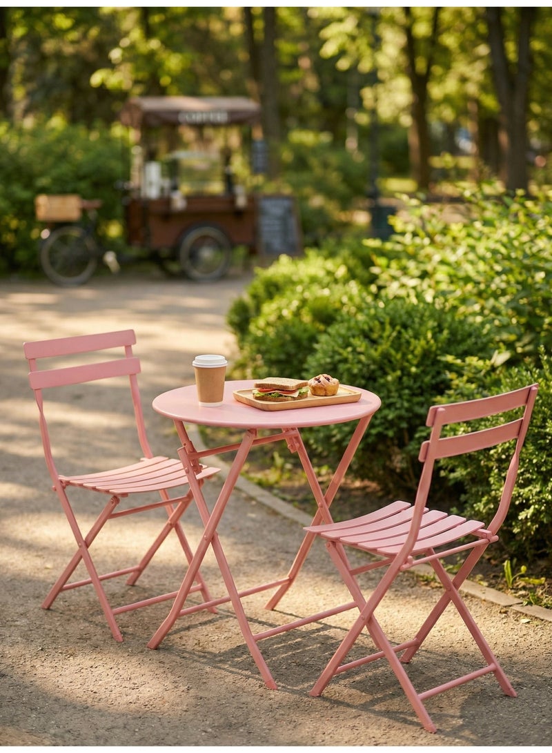 صن رايز طقم بيسترو خارجي قابل للطي 3 قطع، طاولة حديد دائرية وكرسيين للحدائق والبلكونة - Image 1