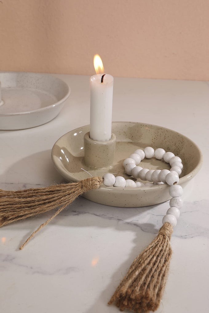 CERAMIC CANDLE HOLDER BOHO CANDLESTICK HOLDER WITH ROUND PLATE FOR TAPER CANDLES UNIQUE FARMHOUSE PORCELAIN CANDLE STICK HOLDER FOR MEDITATIONYOGA ROOM HOME WEDDING DECORGRAY