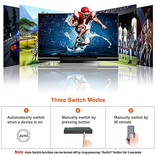 SkycropHD 4K@60Hz HDMI Switch, 5 in 1 Out HDMI 2.0 Switcher with Remote Support Auto Switch, HDR10, Dolby Vision, Dolby Atmos, 18Gbps, CEC - Image 5