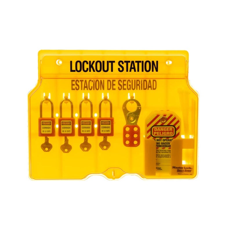Master Lock 1482BP410 Covered Lockout Tagout Station with 4 Zenex Thermoplastic Padlocks