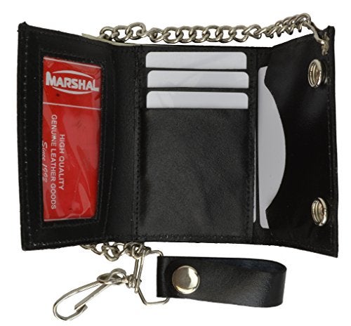 Marshal BLACK GENUINE LEATHER Trifold Biker's Wallet ID Card Holder w/Chain Skull - Image 1