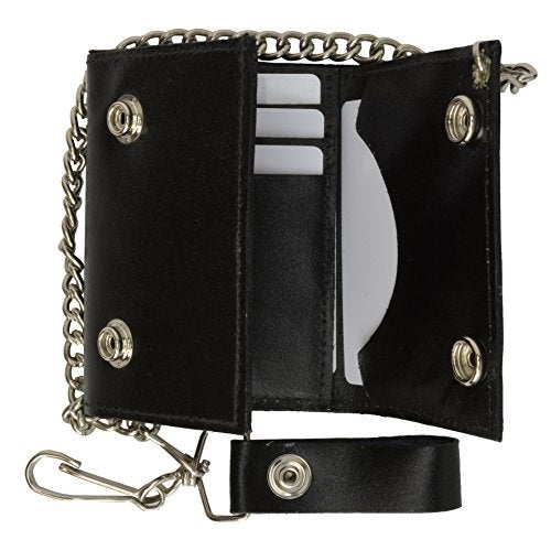 Marshal BLACK GENUINE LEATHER Trifold Biker's Wallet ID Card Holder w/Chain Skull - Image 2