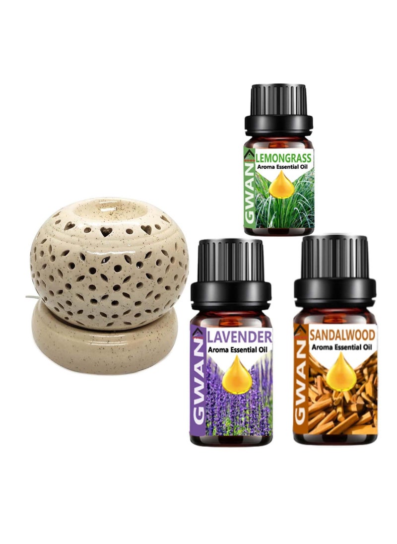GWAN Gwan Aroma Diffuser Ceramic Electric Round Shaped Aroma Oil Burner Essential oil for Home fragrance with Aroma oil Lavender Lemongrass Sandalwood 10ml Each 