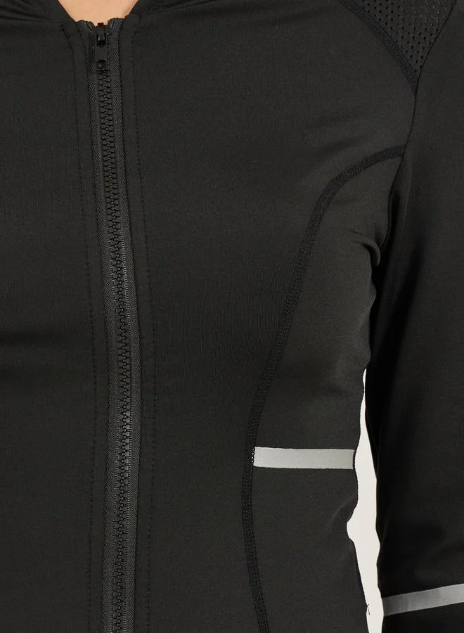 Styli Active Reflective Arm and Pocket Strip Shoulder Mesh Detail Hooded Jacket