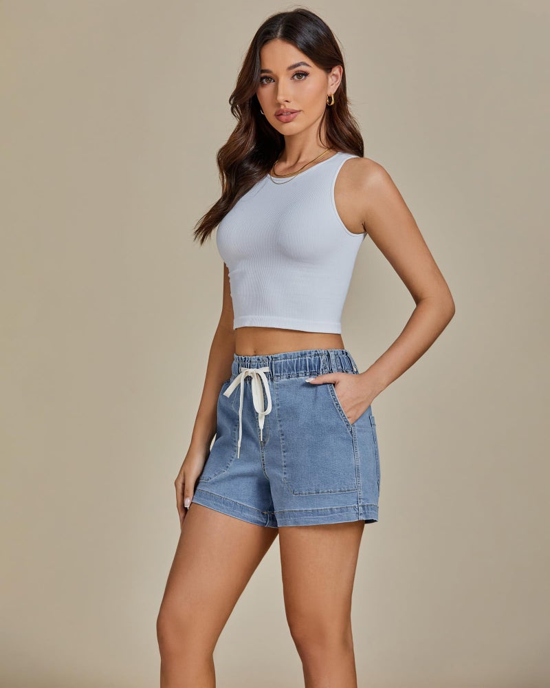 luvamia High Waisted Shorts Women Denim Cute Jean High Waisted Pull On Jorts Plus Size Womens Jeans Shorts Lakeside Blue Size X-Large US 16 to 18 - Image 5