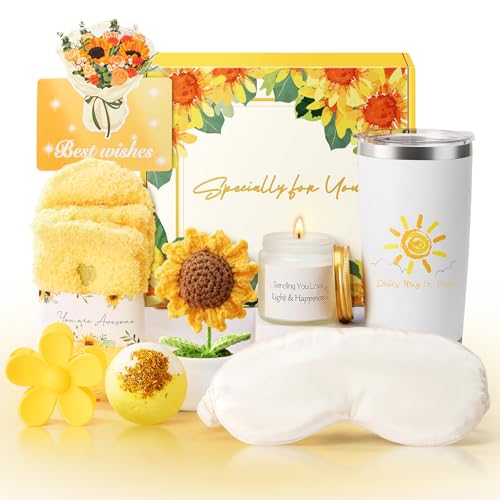 Zoaogo Sunflower Birthday Gifts for Women, 9 Pcs Get Well Soon Gift Baskets, Inspirational Sunflower Self Care Package Thank You Gift with Spa Gift Set, Thinking of You Unique Gifts for Women - Image 1