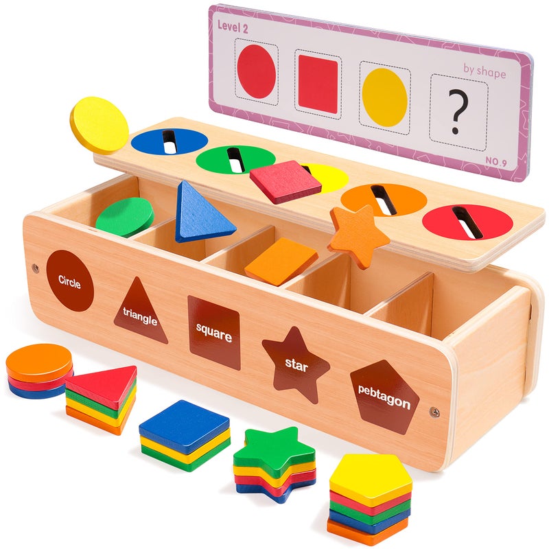 Strong Wooden Shape & Color Sorting Toy with Storage Box, 25 Non-Toxic Geometric Blocks, Montessori Toy Preschool Educational Learning Toy Gifts for 1 2 3 Year Old Baby Boy Girl Kids Child & Toddlers