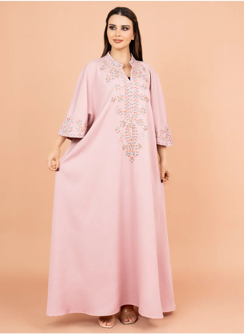 IKKXA FreeSize Solid Jalabiya with Intricate Embroidery IK4006 Pink