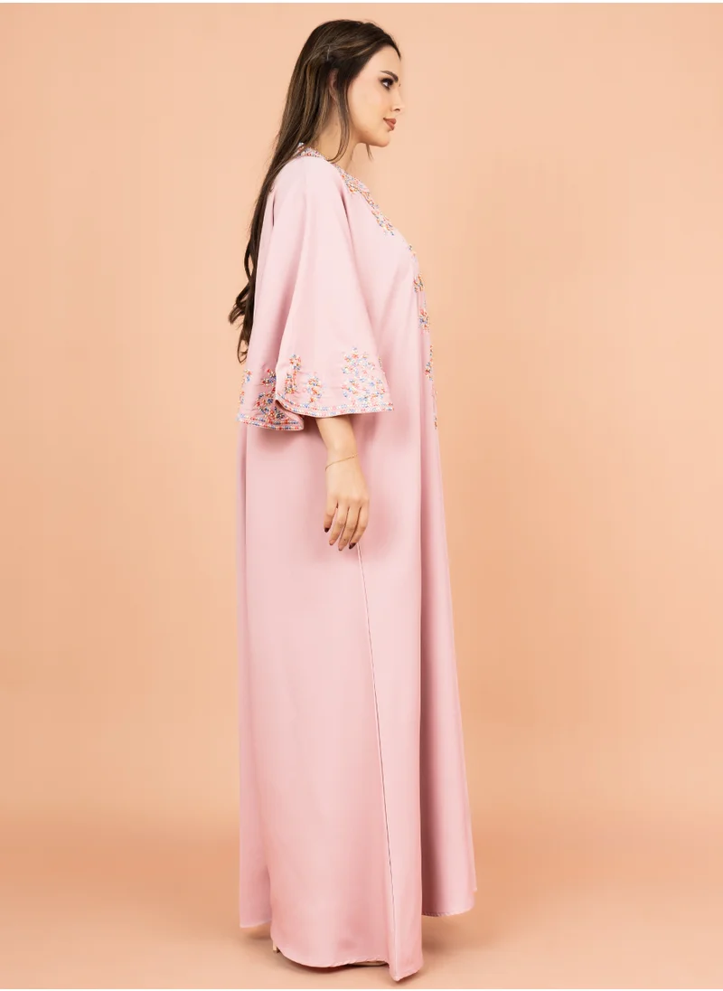 IKKXA FreeSize Solid Jalabiya with Intricate Embroidery IK4006 Pink