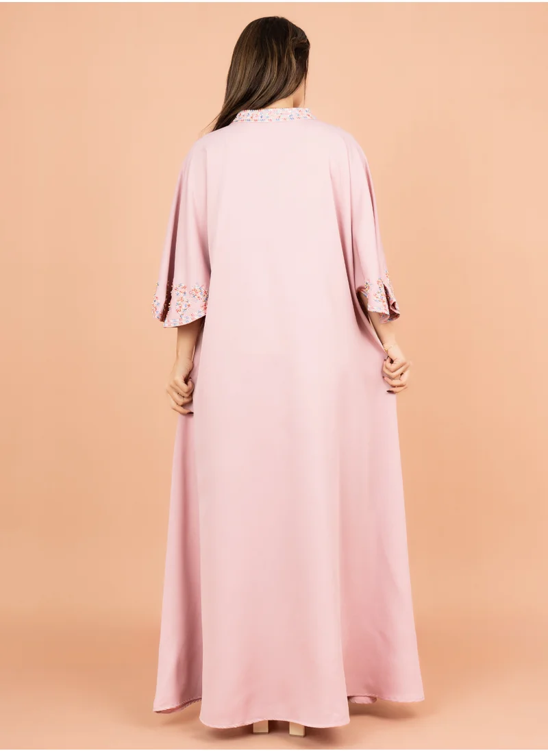 IKKXA FreeSize Solid Jalabiya with Intricate Embroidery IK4006 Pink