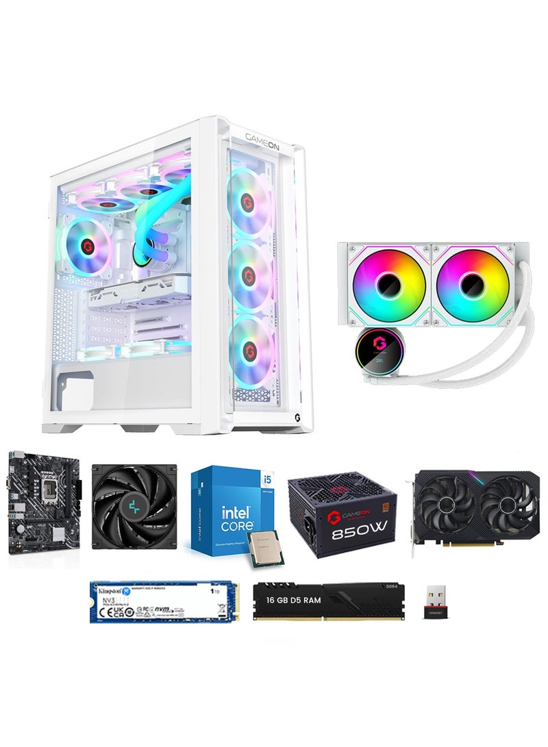 GAMEON جهاز الكمبيوتر للألعاب GAMEON | معالج Intel Core i5-12400F | 16GB DDR5 RAM | 1TB NVMe3 SSD | RTX 3050 6GB | H610M DDR5 | مبرد سائل 240mm | 650W PSU | واي فاي | صندوق Vortex A | ضمان لمدة سنة | أبيض - Image 1