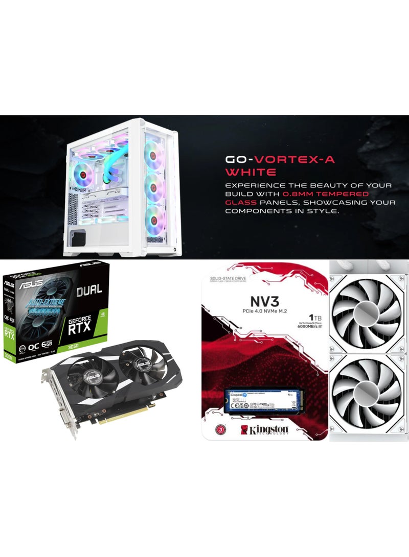 GAMEON جهاز الكمبيوتر للألعاب GAMEON | معالج Intel Core i5-12400F | 16GB DDR5 RAM | 1TB NVMe3 SSD | RTX 3050 6GB | H610M DDR5 | مبرد سائل 240mm | 650W PSU | واي فاي | صندوق Vortex A | ضمان لمدة سنة | أبيض - Image 2