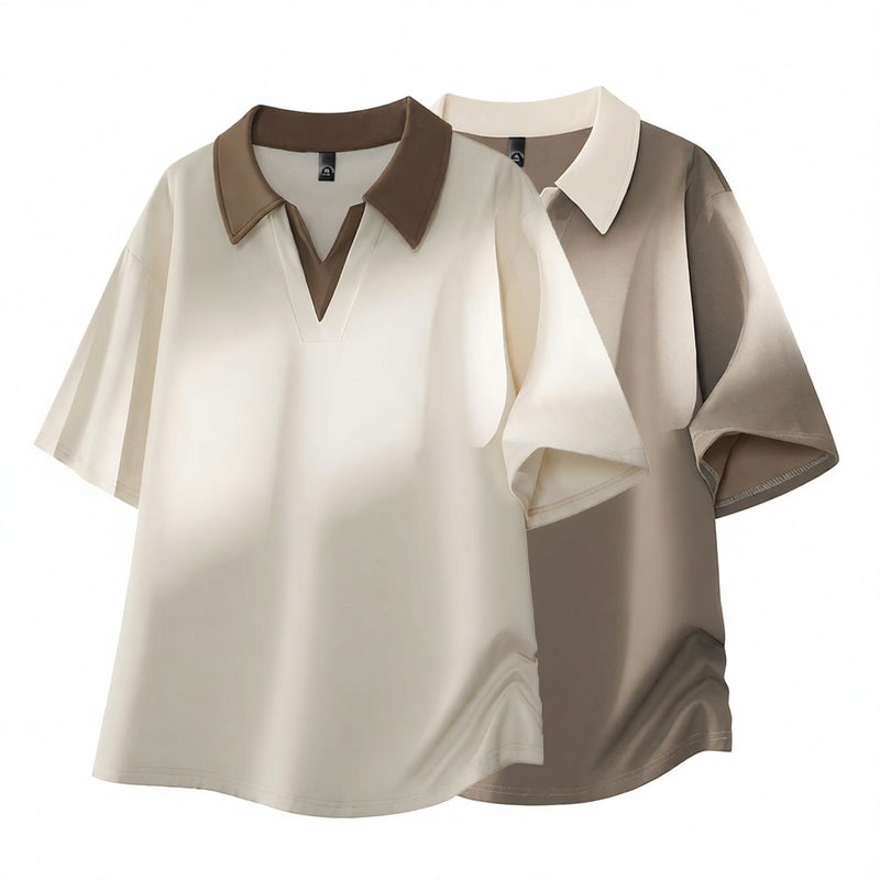 Men's Oversized Polo Shirt with Contrast Collar, Breathable Short Sleeve Top - Image 1