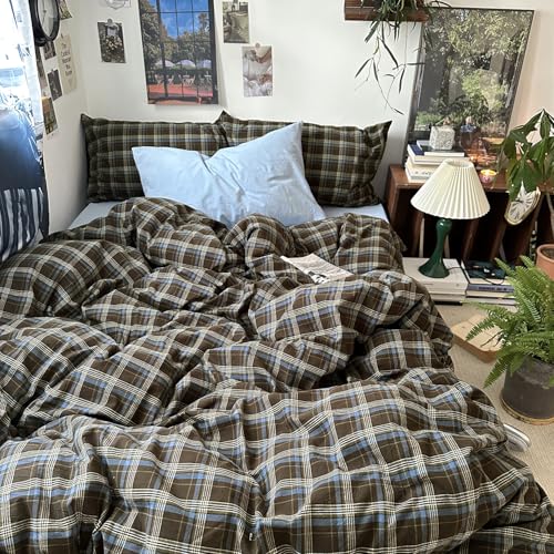 MKXI Queen Size Blue Brown Green Buffalo Plaid Duvet Cover Set 3 Piece Vintage Aesthetic Bedding Set 100 Washed Cotton Minimalist Design Soft Breathable Duvet Cover with Zipper Closure - Image 3