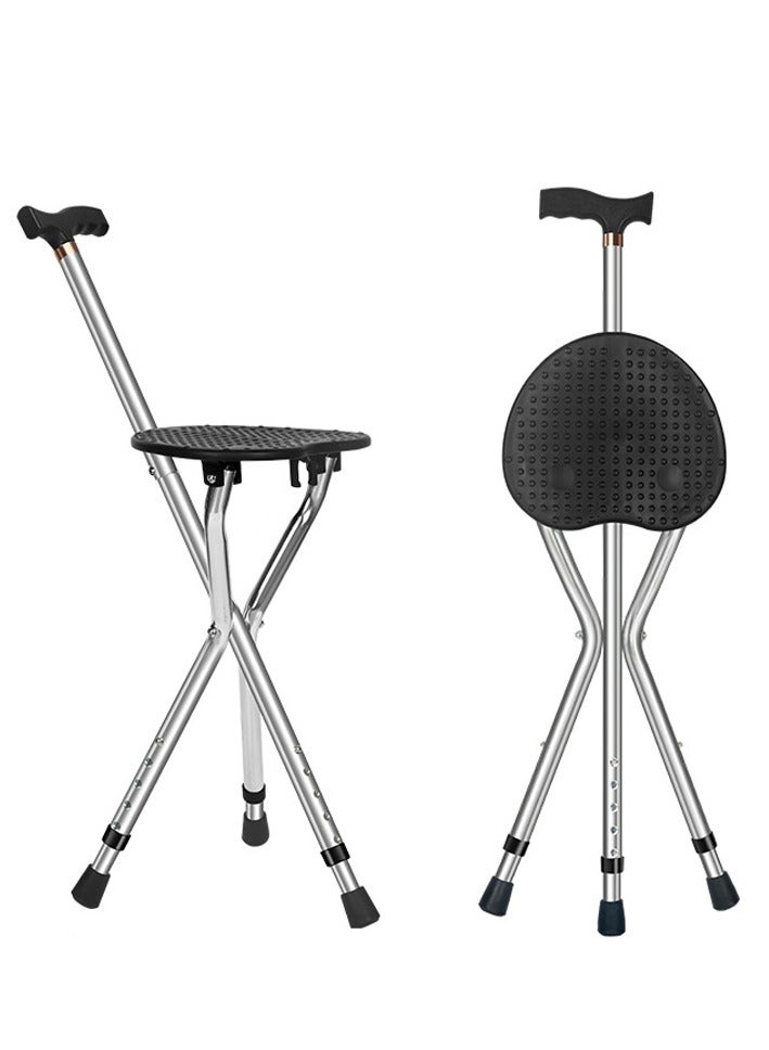 Elderly Folding Canes with Massage Seat Anti-Slip Walking Stick Height Adjustment Three-Legged Cane Seat Capacity Frosted Handle with Crutches Stool for Elderly Adults (Black) - Image 1