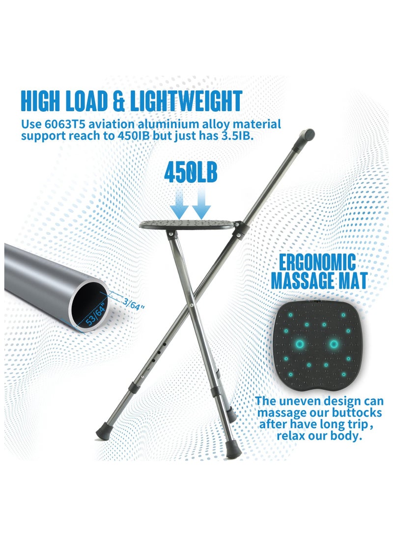 Elderly Folding Canes with Massage Seat Anti-Slip Walking Stick Height Adjustment Three-Legged Cane Seat Capacity Frosted Handle with Crutches Stool for Elderly Adults (Black) - Image 4