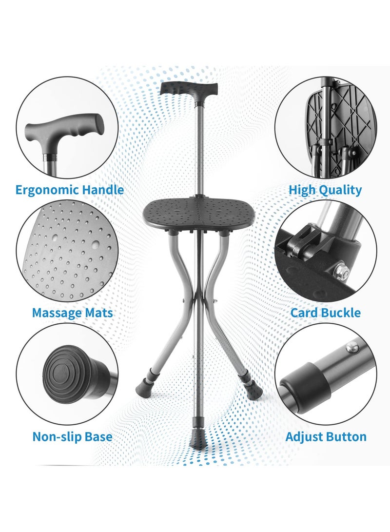 Elderly Folding Canes with Massage Seat Anti-Slip Walking Stick Height Adjustment Three-Legged Cane Seat Capacity Frosted Handle with Crutches Stool for Elderly Adults (Black) - Image 3