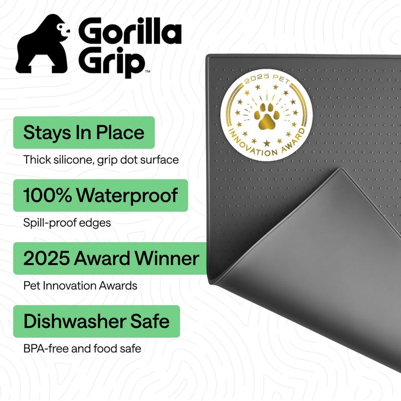 GORILLA GRIP 100% Waterproof Raised Edge BPA Free Silicone Pet Feeding Mat, Dog Cat Food Mats Contain Spills Protects Floors, Placemats for Cats and Dogs Water Bowl Pets Accessories 18.5x11.5 Charcoal - Image 2