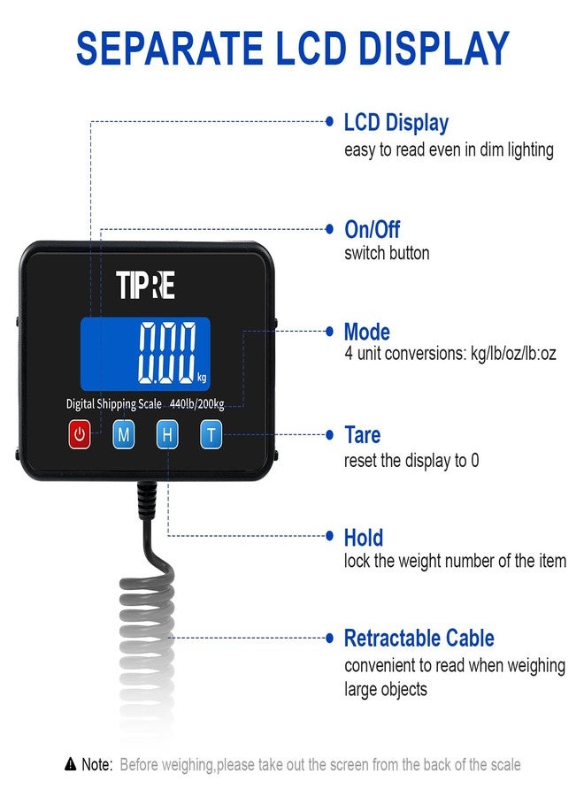 TIPRE Digital Shipping Postal Scale 440lb/0.5oz Accuracy! Lightweight Carbon Fibre Commercial Weight Scale for Package, Small Business, Mail, Warehouse, Home, Luggage, Battery&Charging Cable Included - Image 3