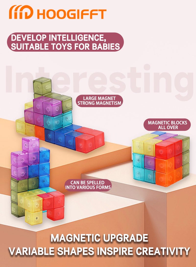 هوغيفت كتل بناء مغناطيسية للأطفال (7 قطع) ، مكعبات ألغاز سحرية ثلاثية الأبعاد لتطوير الذكاء وألعاب تململ تخفيف التوتر ، مع 54 بطاقة دليل - Image 2