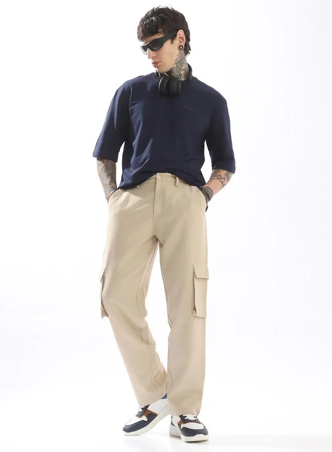 Hubberholme Beige Trousers Solid Button Woven Full Cargo Mid-Rise for Men – Make every day iconic