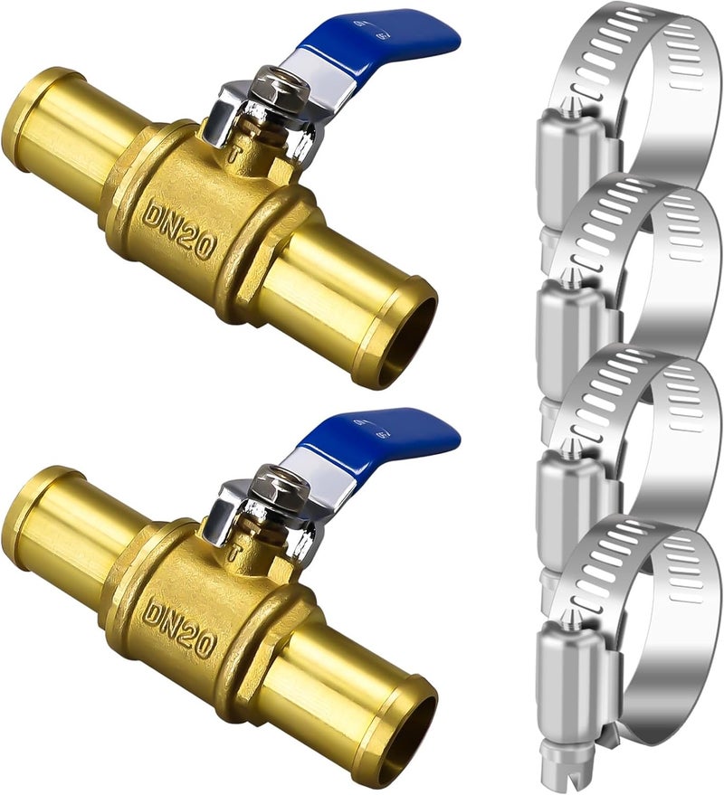 Horiznext 1 inch brass mini shut off ball barb valve for water fuel hose gas line rv air tubing, straight inlet manifold petcock (2 pcS with clamps kit) - Image 1