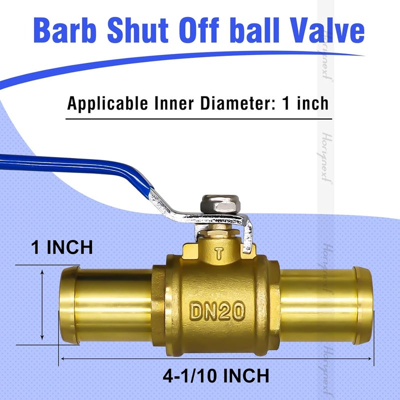 Horiznext 1 inch brass mini shut off ball barb valve for water fuel hose gas line rv air tubing, straight inlet manifold petcock (2 pcS with clamps kit) - Image 2