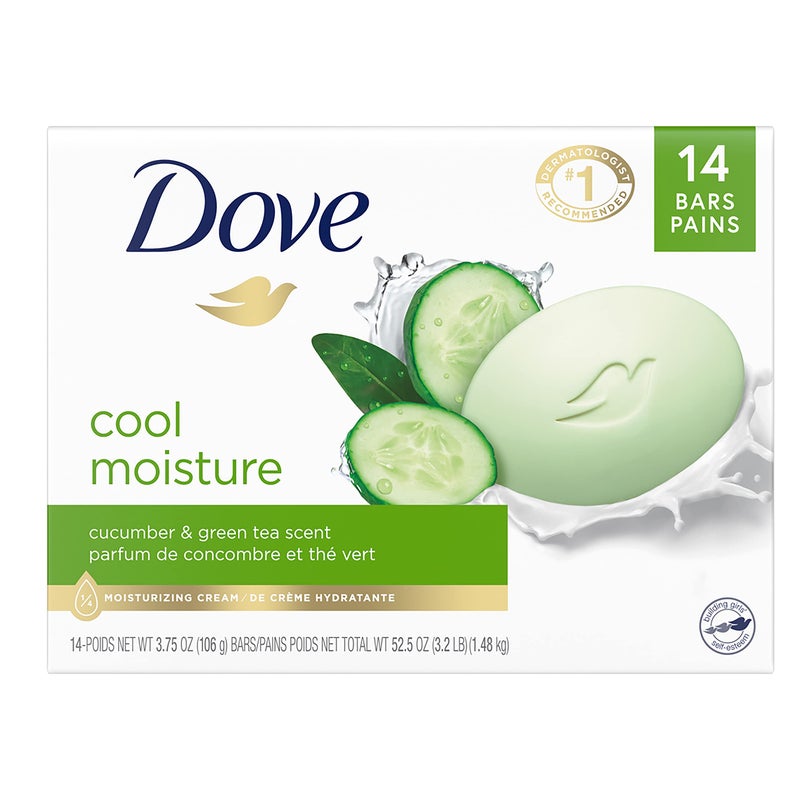 Dove Skin Care Beauty Bar For Softer Skin Cucumber and Green Tea More Moisturizing Than Bar Soap 3.75 oz, 14 Bars - Image 1