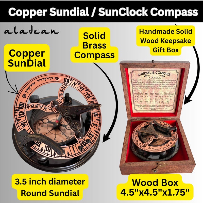 ALADEAN Brass & Copper Sundial Compass 3" SunClock - Handmade Rustic Sundial Vintage Bronze Copper Anniversary Inspirational Gifts - Image 2