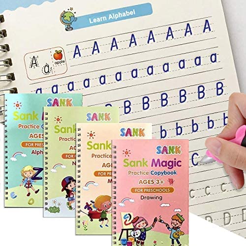 Sank Magic Sanghariyat English Magic Practice Copy Book For Pre-School Kids,Re-Usable Drawing,Alphabet,Numbers And Math Exercise For Children (4 X Books,5 X Refill,1 X Pen,1 X Grip),Multicolor,Small - Image 1